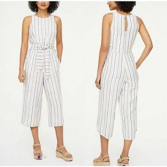 LOFT Outlet Painted Stripe Belted Linen Blend Jumpsuit 2 - Picture 1 of 3